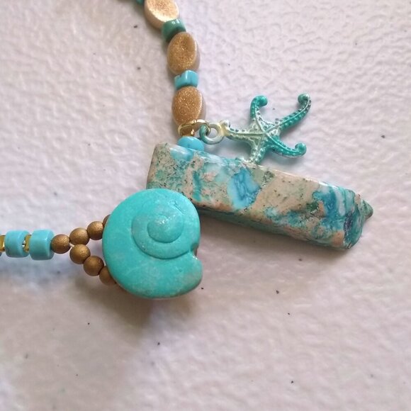 Coastal Cowgirl! Sea Sediment Jasper + Starfish + Shell Beaded Loop Bracelet - Picture 6 of 11